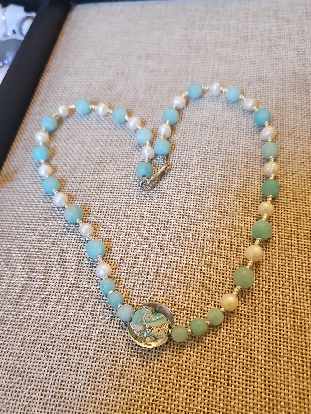 Handmade Ocean Wave Lampwork Bead Necklace with Freshwater Pearls & Amazonite